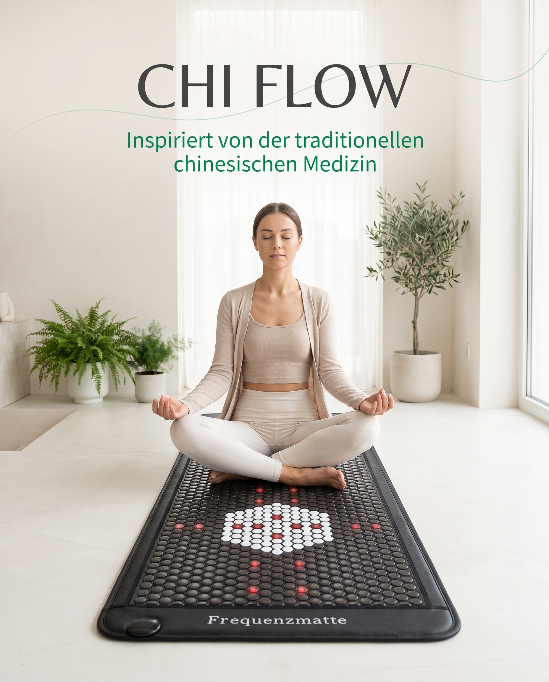 Chi Flow – inspiriert von der traditionellen chinesischen Medizin – Frau meditiert auf der MultiSpa Frequenzmatte (190 x 80 cm)