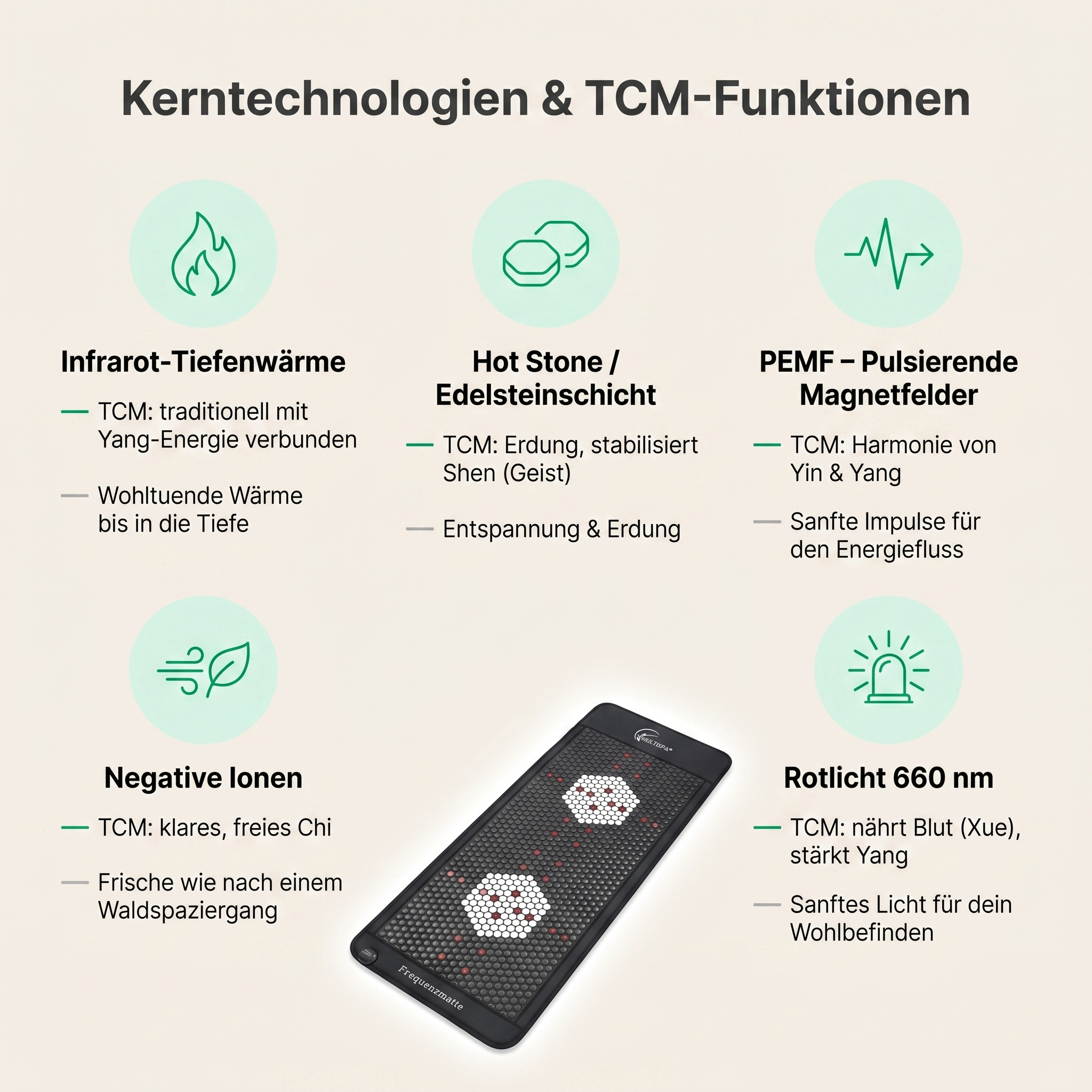 MultiSpa Kerntechnologien & TCM-Funktionen – Infrarot-Tiefenwärme, Hot Stone, PEMF, Negative Ionen, Rotlicht 660 nm