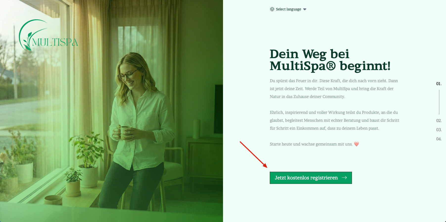 MultiSpa Anmeldeseite mit markiertem Button Jetzt kostenlos registrieren