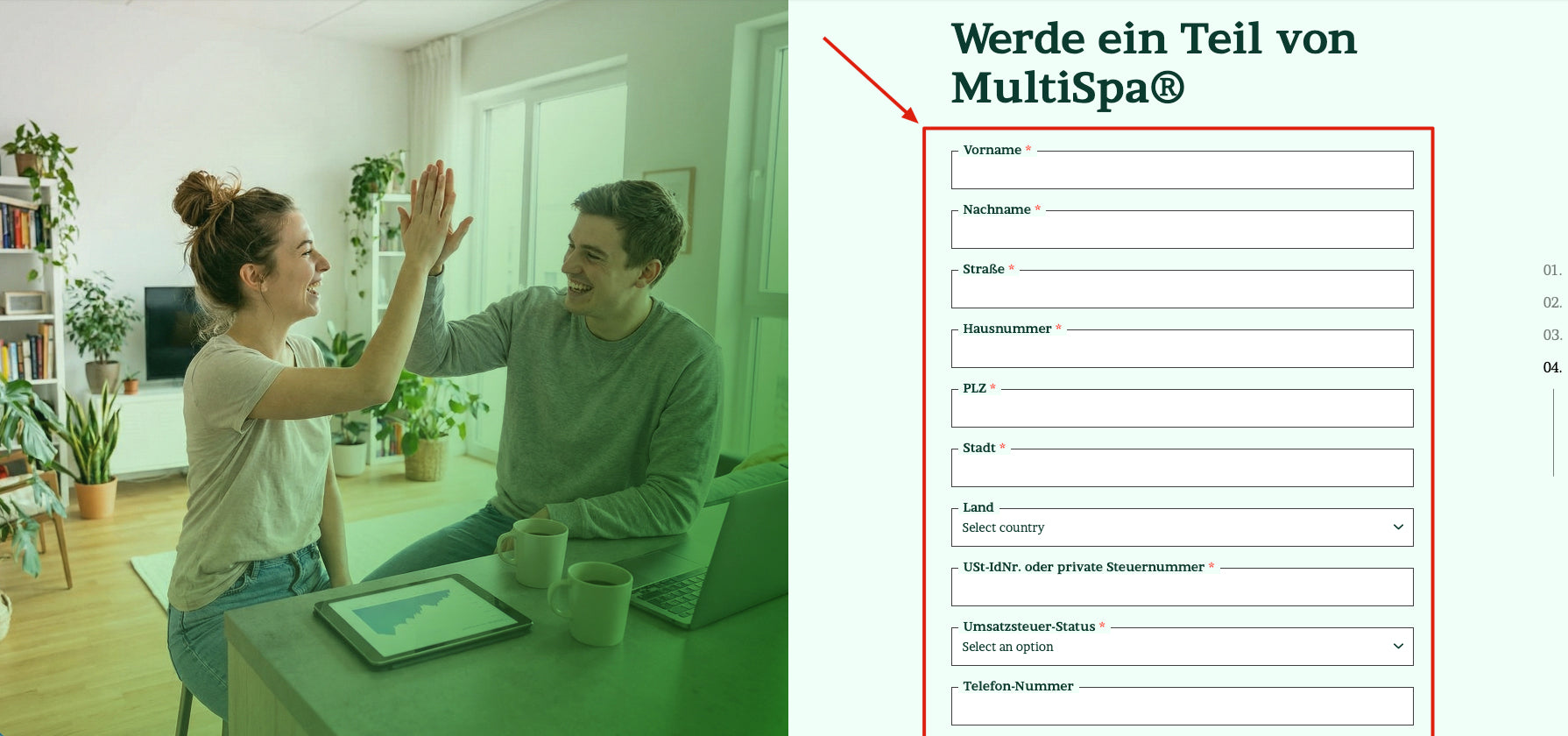 MultiSpa Registrierungsformular mit markierten Eingabefeldern