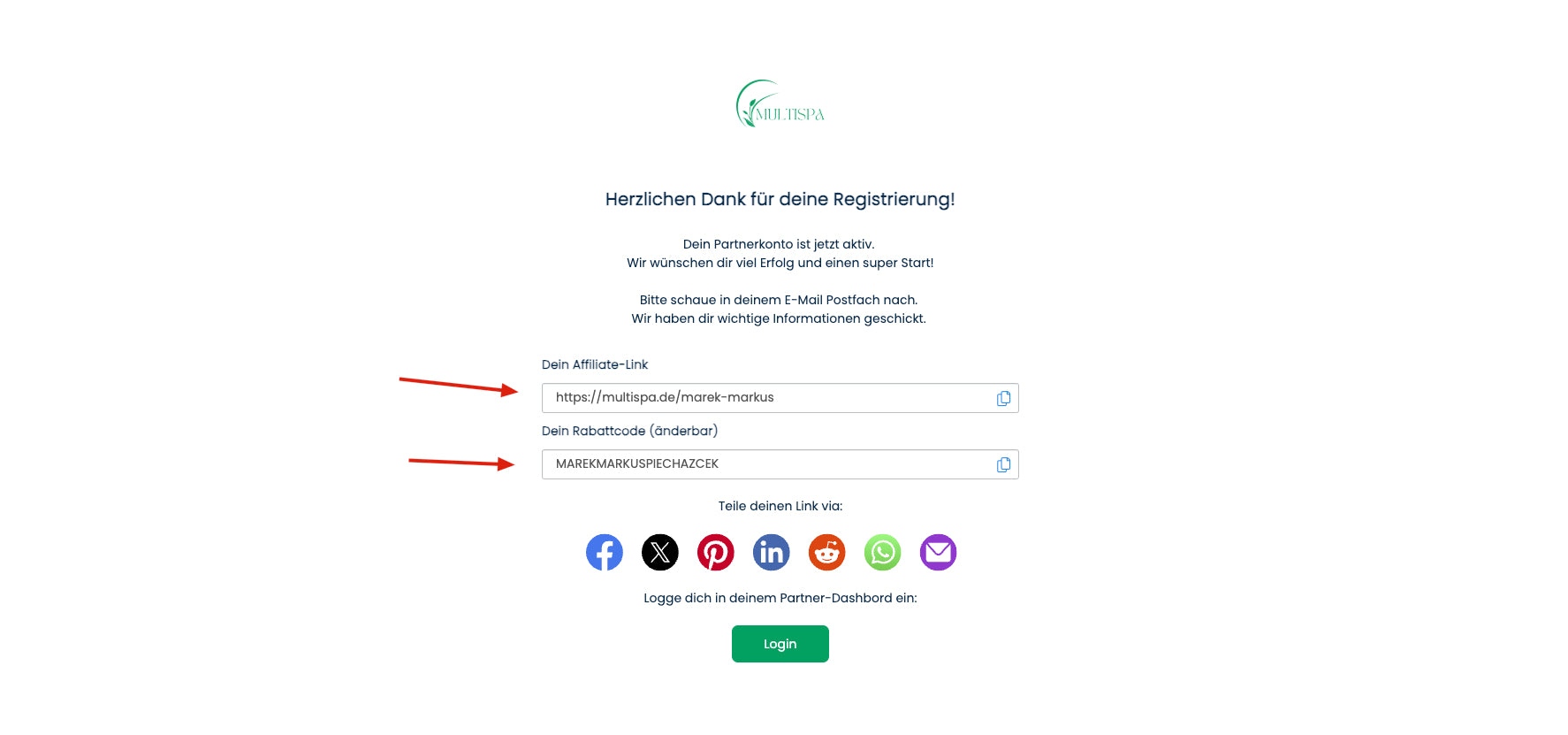 Bestätigungsseite mit persönlichem Gutscheincode und zusätzlichem Empfehlungslink
