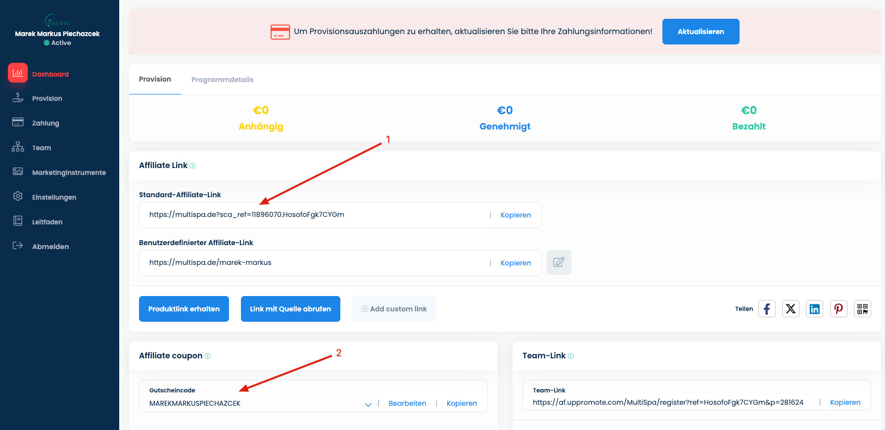 MultiSpa Partnerbereich mit Gutscheincode, zusätzlichem Empfehlungslink und Provisionsübersicht