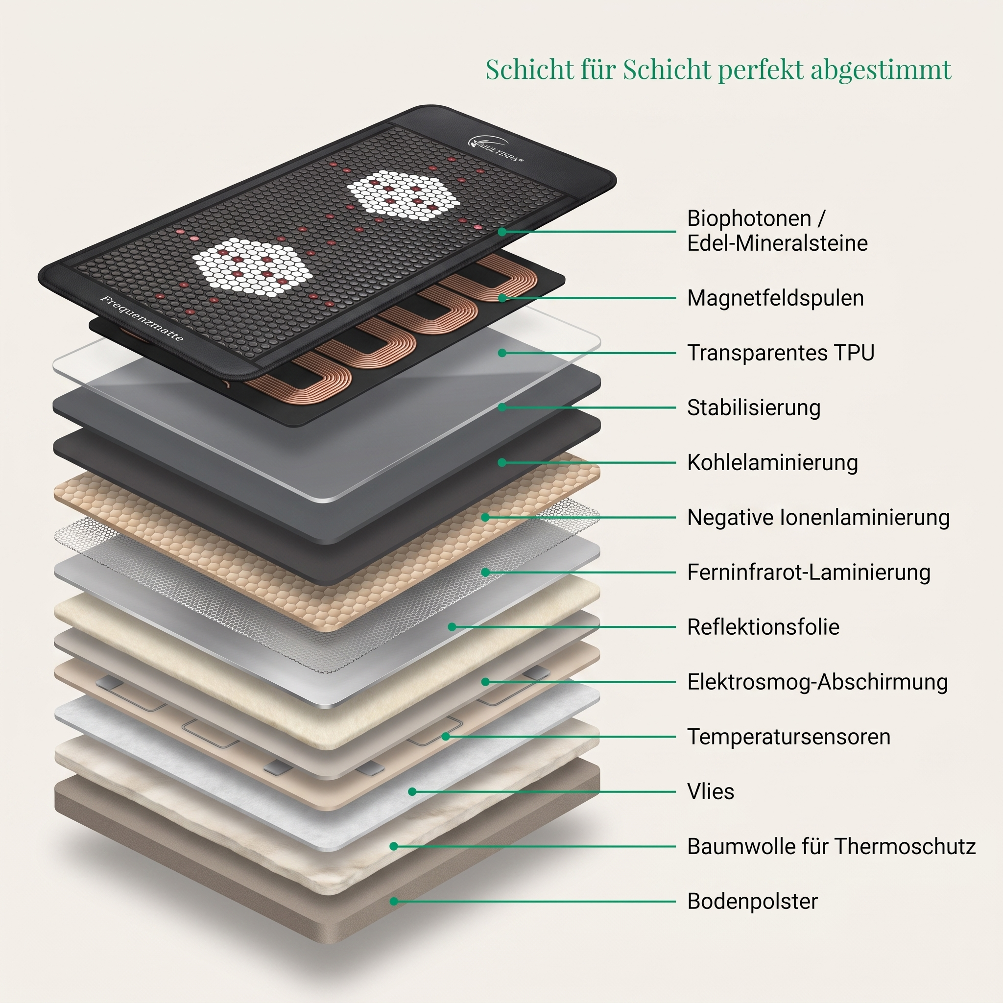 Schichtaufbau der MultiSpa Frequenzmatte – 13 Schichten von Biophotonen-Mineralsteinen bis Bodenpolster