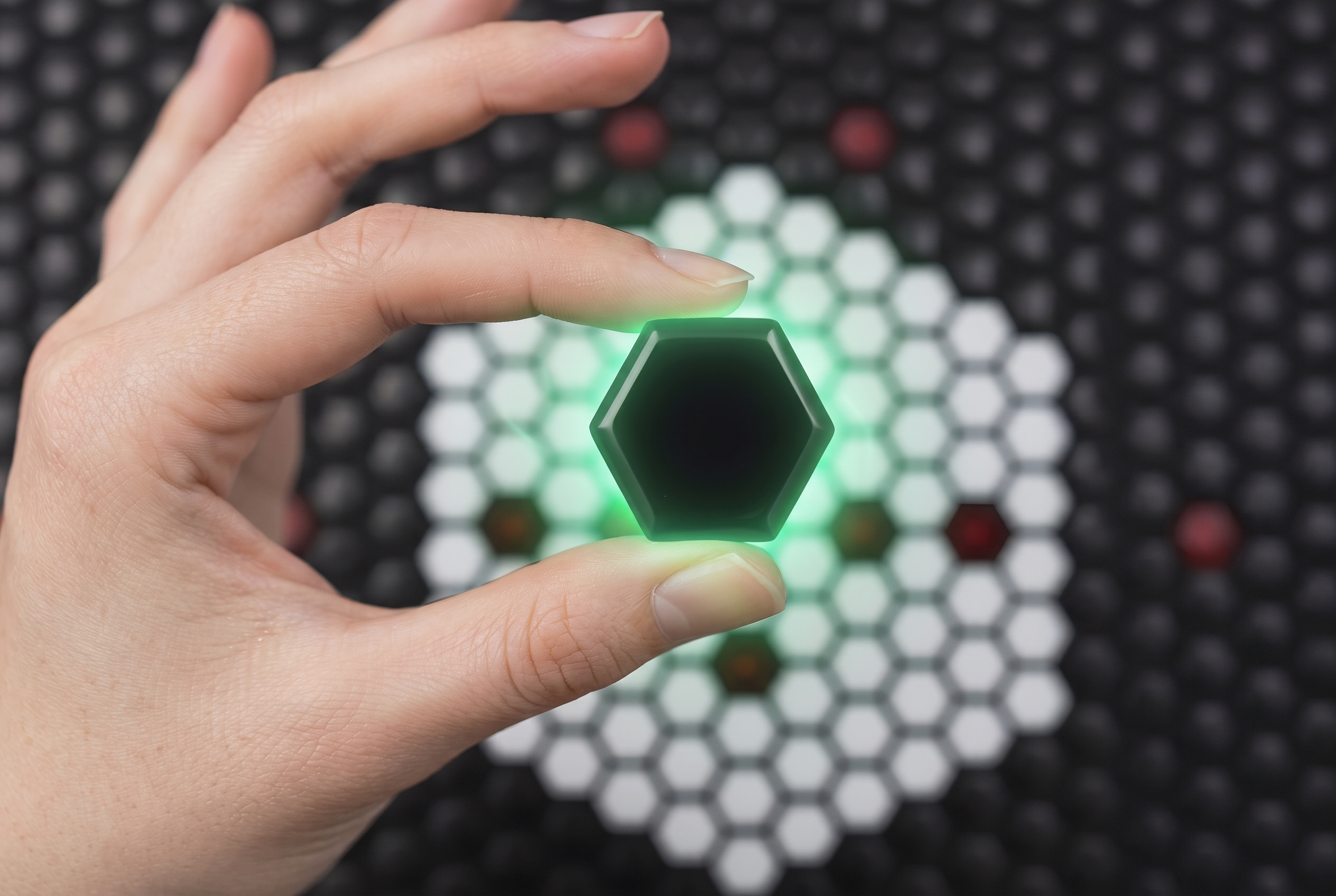 Hexagonaler Tourmalinstein der MultiSpa Frequenzmatte zwischen den Fingern gehalten