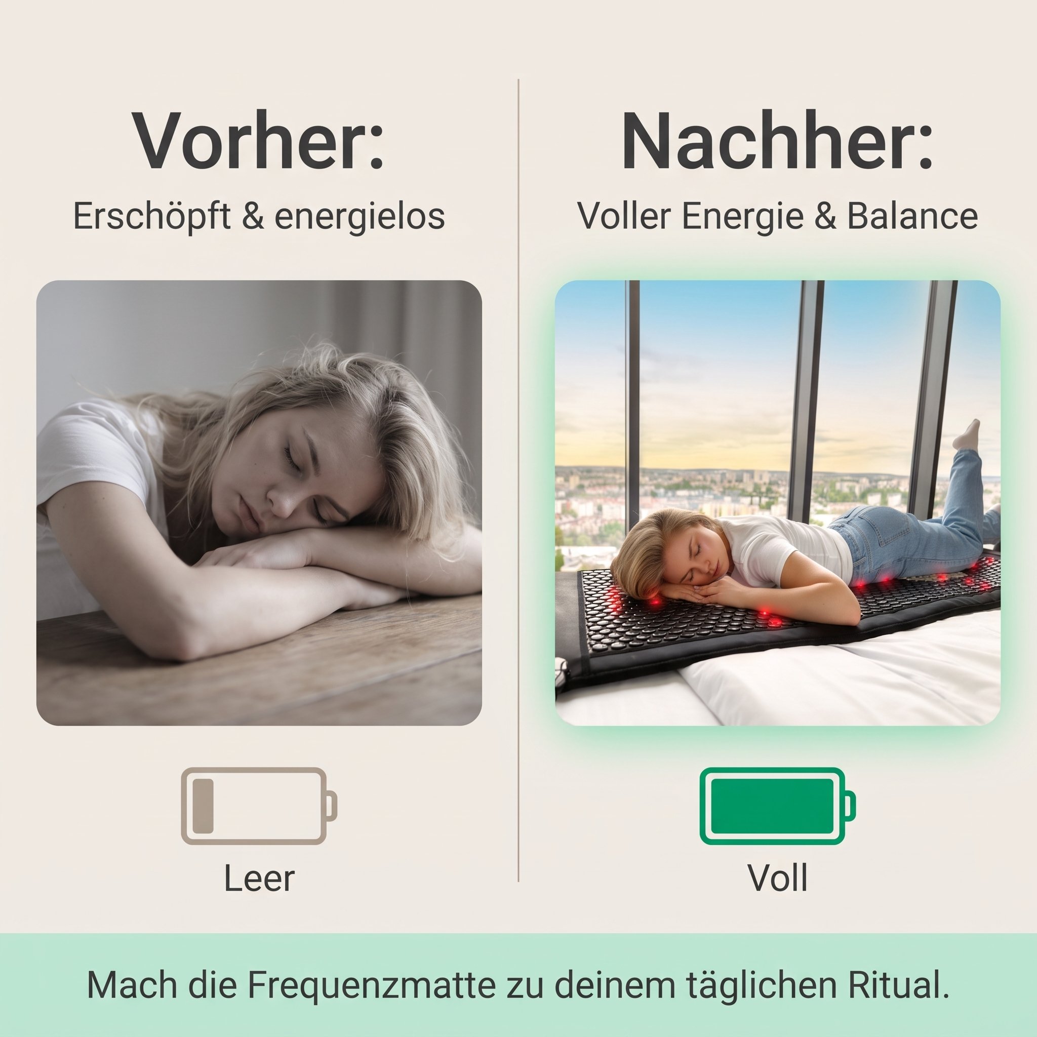 Vorher: erschöpft und energielos – Nachher: voller Energie und Balance mit der MultiSpa Frequenzmatte